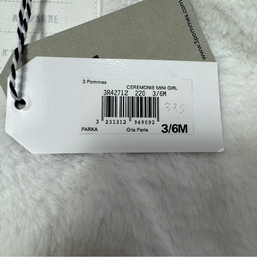 NWT New 3 Pommes Baby Girl Grey Parka Jacket Made In France Size 3/6 Months
